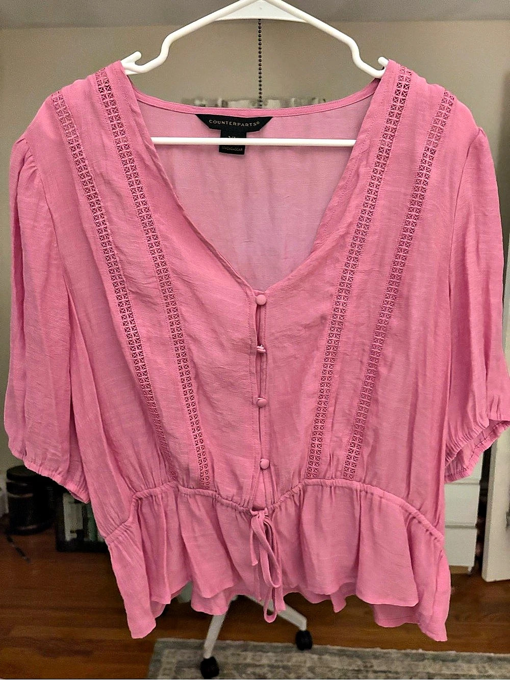 Counterparts Pink Lace Trim Button Front Blouse XL Like New